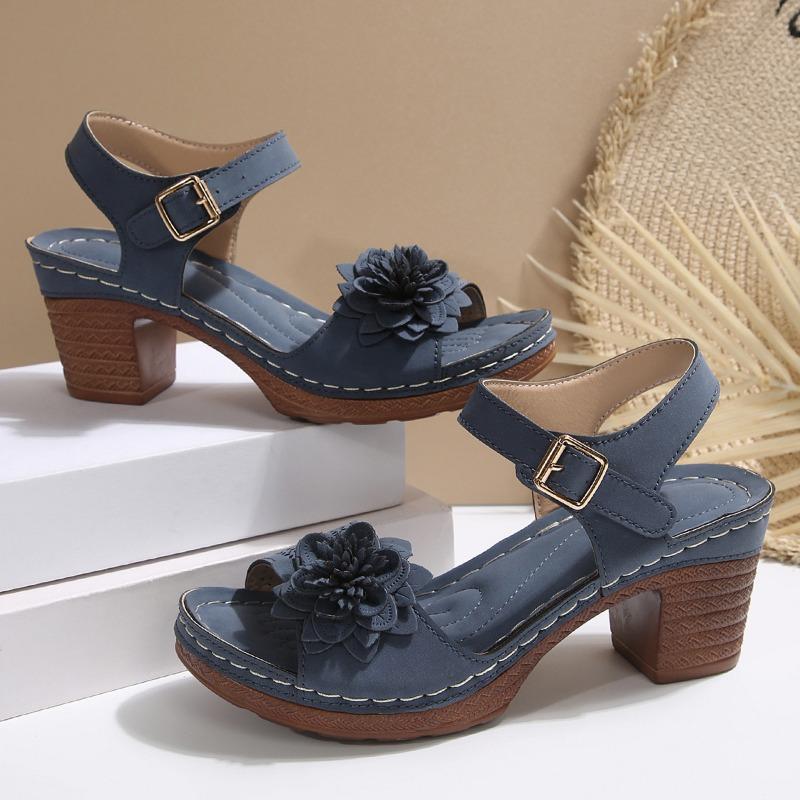 New flower high-heeled sandals thick heel one-word buckle women's sandals
