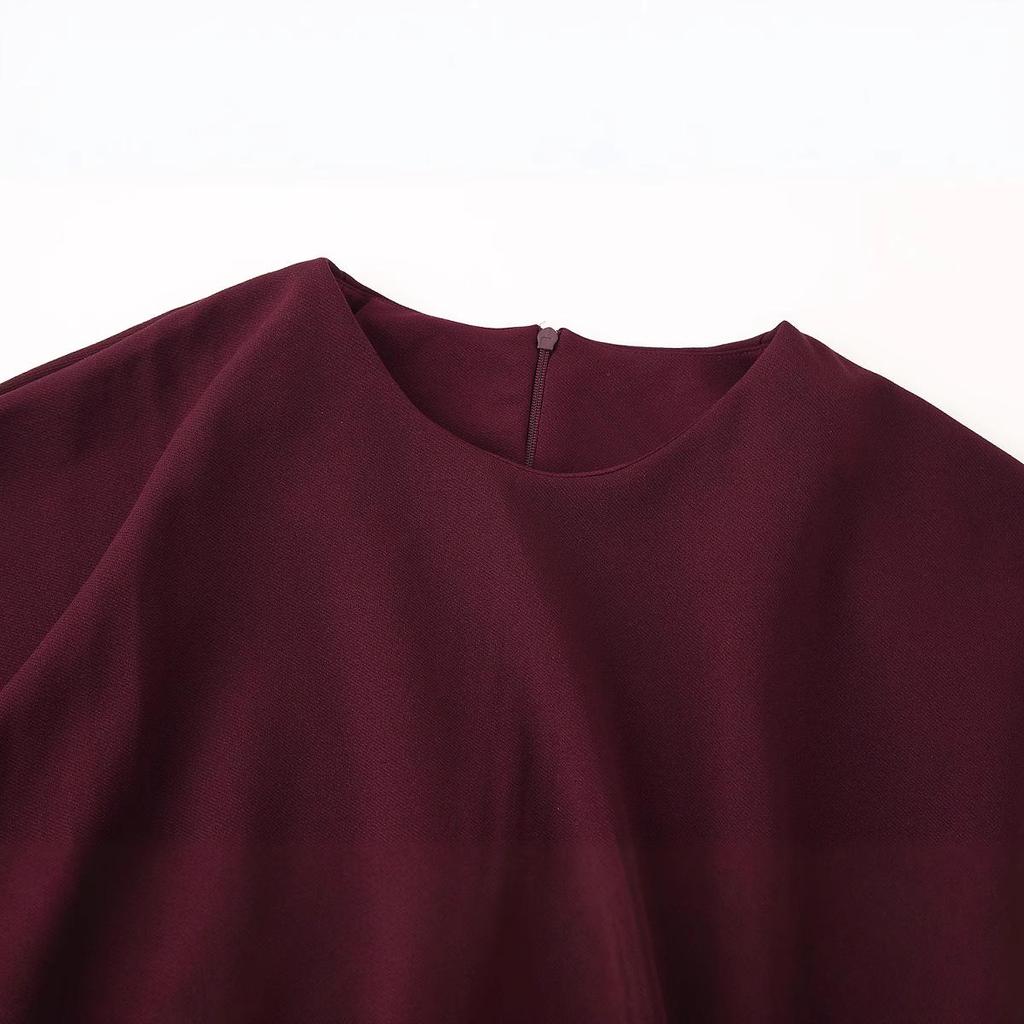 Spring 2025 Women's European & American Style Pleated Midi Dress - Short Sleeve, Round Neck