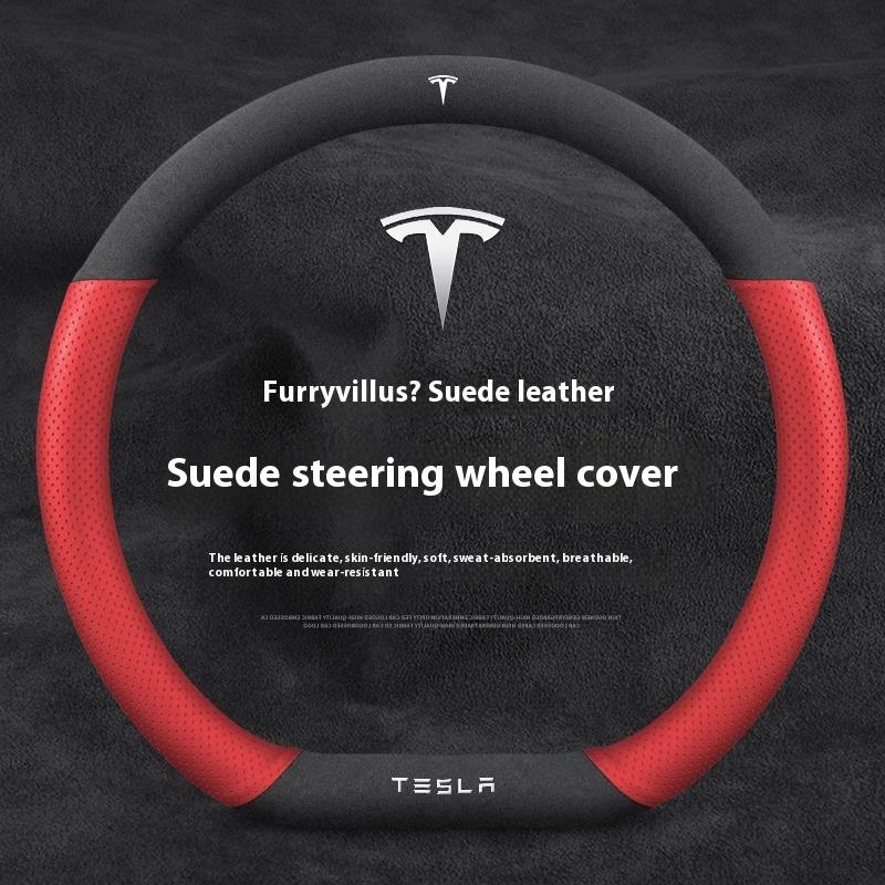 SGD4 For Tesla Model 3 Model Y Model S Model X Roadster Suede Anti-slip Breathable Leather Car Steering Wheel Cover Auto Accessories