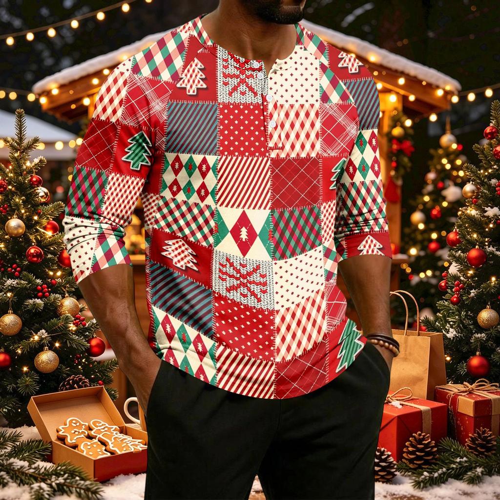 Men's Casual Raglan Three-Quarter Sleeve Shirt with Christmas Print