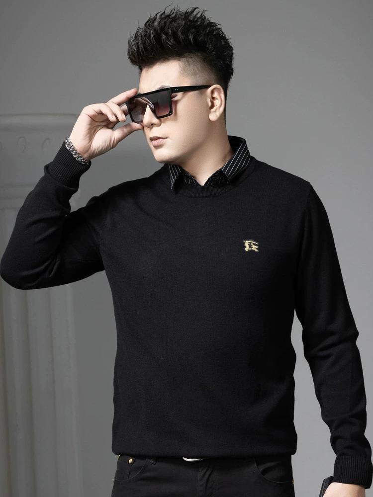 

European Style Fake Two-Piece Sweater for Men, 2025 Autumn and Winter New High-End Round Neck Knitwear, Warm Wool Sweater M