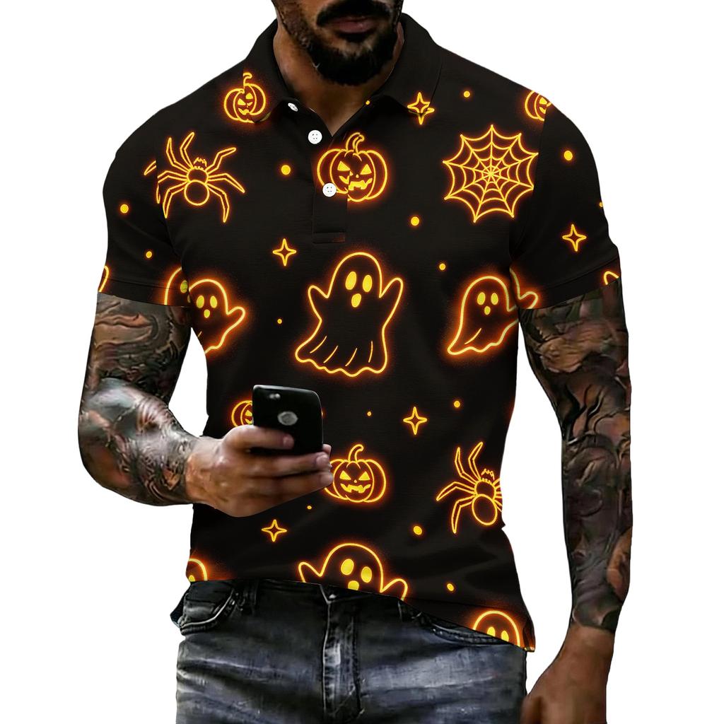 Unisex Loose Fit Casual Short Sleeve Polo Shirt with Halloween Themed Print Pullover Design for Everyday Wear