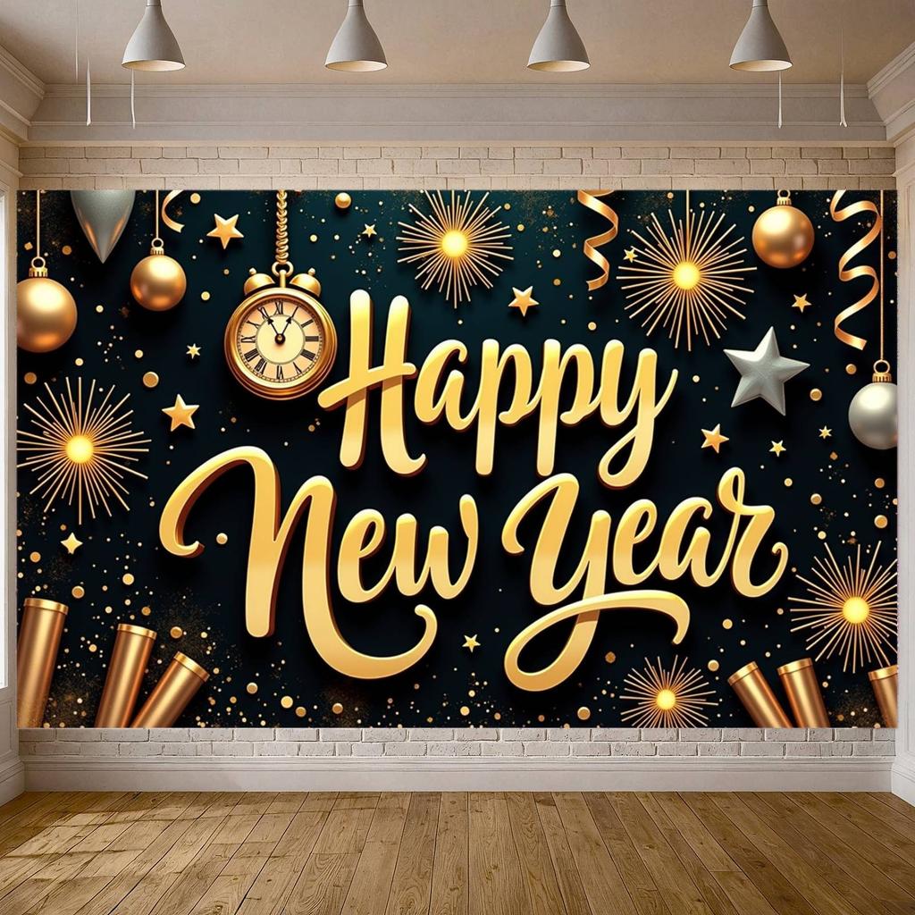 Event Banner Clock Decoration New Year Banner Festive Banner Metallic Color For Public Celebration Festive Gathering Home