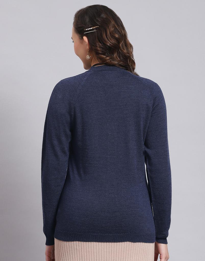 MONTE CARLO Womens Solid Navy Blue V Neck Full Sleeve Cardigan