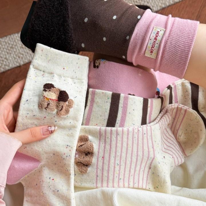 Pink Pure Cotton, Trendy and Cute Cartoon Idea Gauze Label Puppy Socks, Women's Autumn Mid-calf Socks, Dui Dui Long Socks