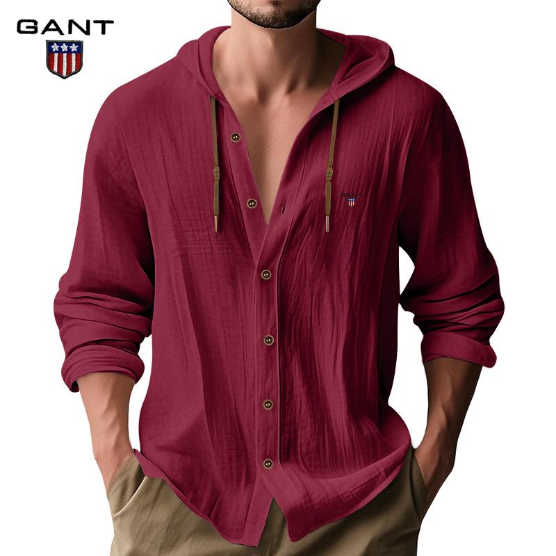 Gant Embroidery Men's Solid Color Casual Long Sleeved Shirt Hooded Drawstring Cotton and Linen Cardigan Trendy Versatile Loose Beach T-shirt