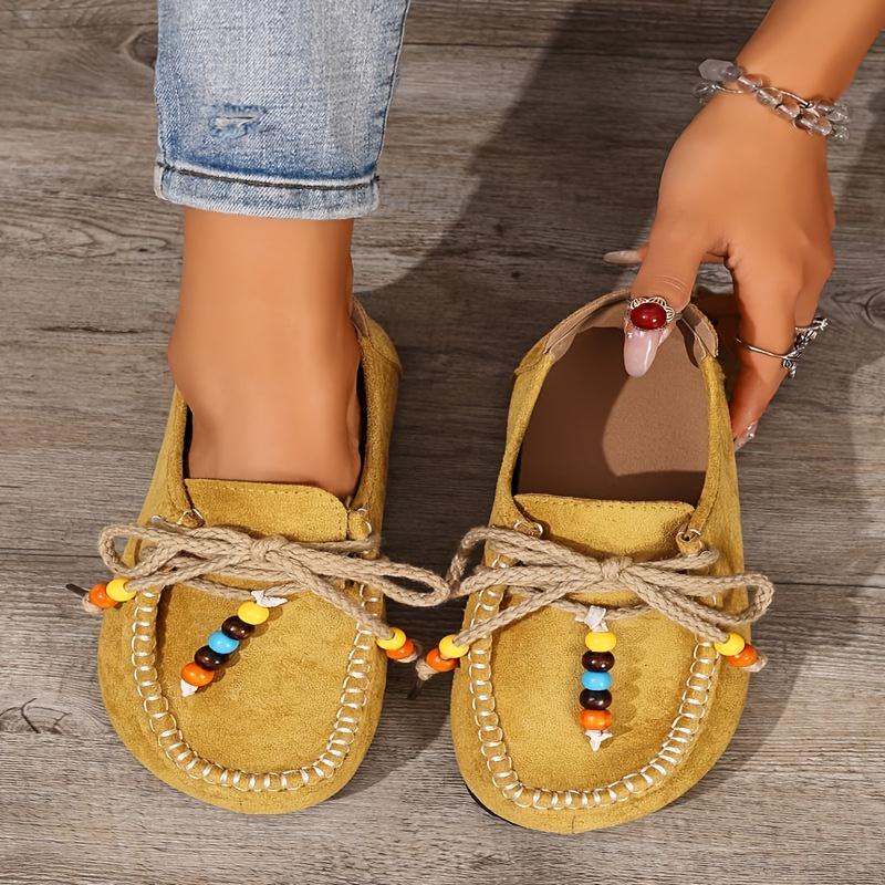 Boho Beaded Fringe Lace-Up Penny Loafers for Women , Tassel Loafers, Ladies Loafers