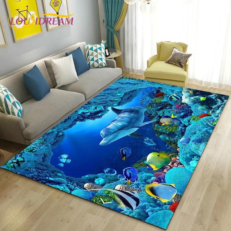 Seabed Illusion Underwater World  Dolphin Shark  Area Rug ,Carpet Rug for Living Room Bedroom Sofa Doormat Non-slip Floor Mat
