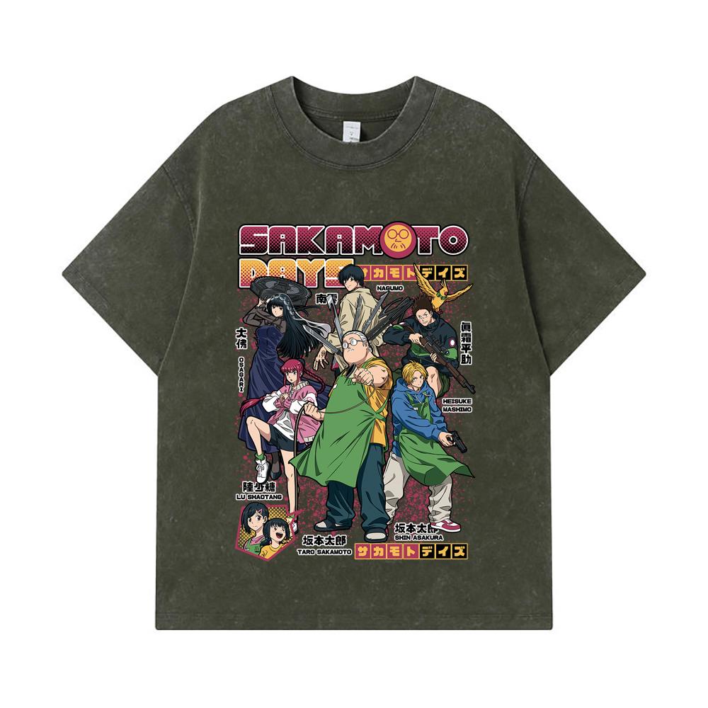 

275 GSM Washed T-shirts 100% Cotton Sakamoto Days V1 Print Unisex Heavy Cotton T Shirt S армия зеленый