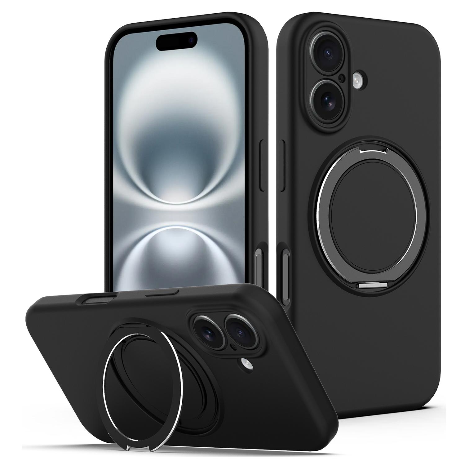 

For iPhone 16 Case Compatible with MagSafe Rotating Metal Kickstand PC+Silicone Phone Cover Black