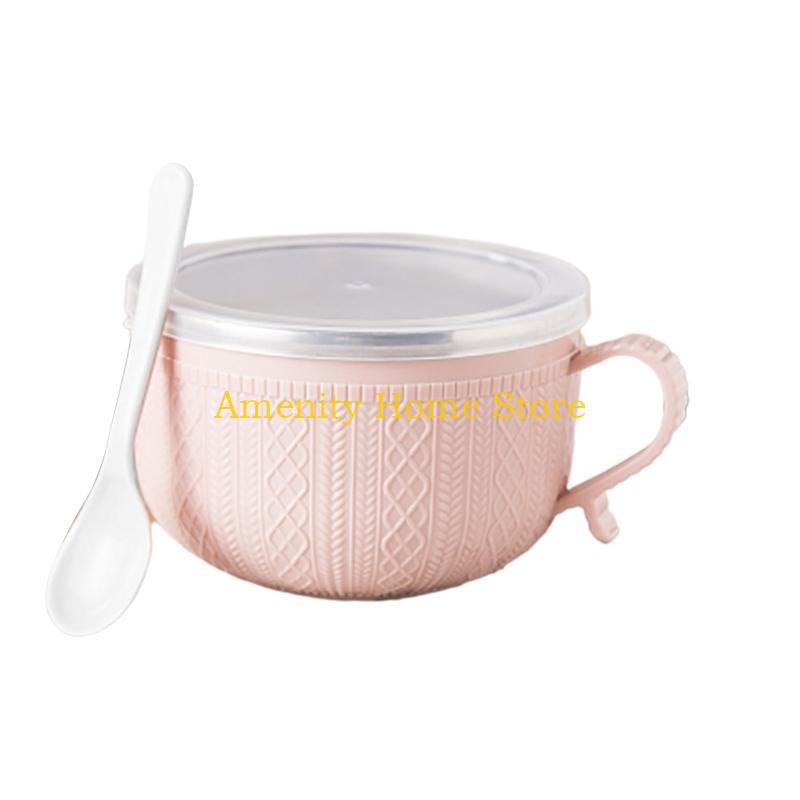 

F26C Миска для лапши с крышкой и ложкой, нескользящая, для смешивания, из нержавеющей стали, бытовая посуда для лапши быстрого приготовления, риса, супа, без BPA розовый
