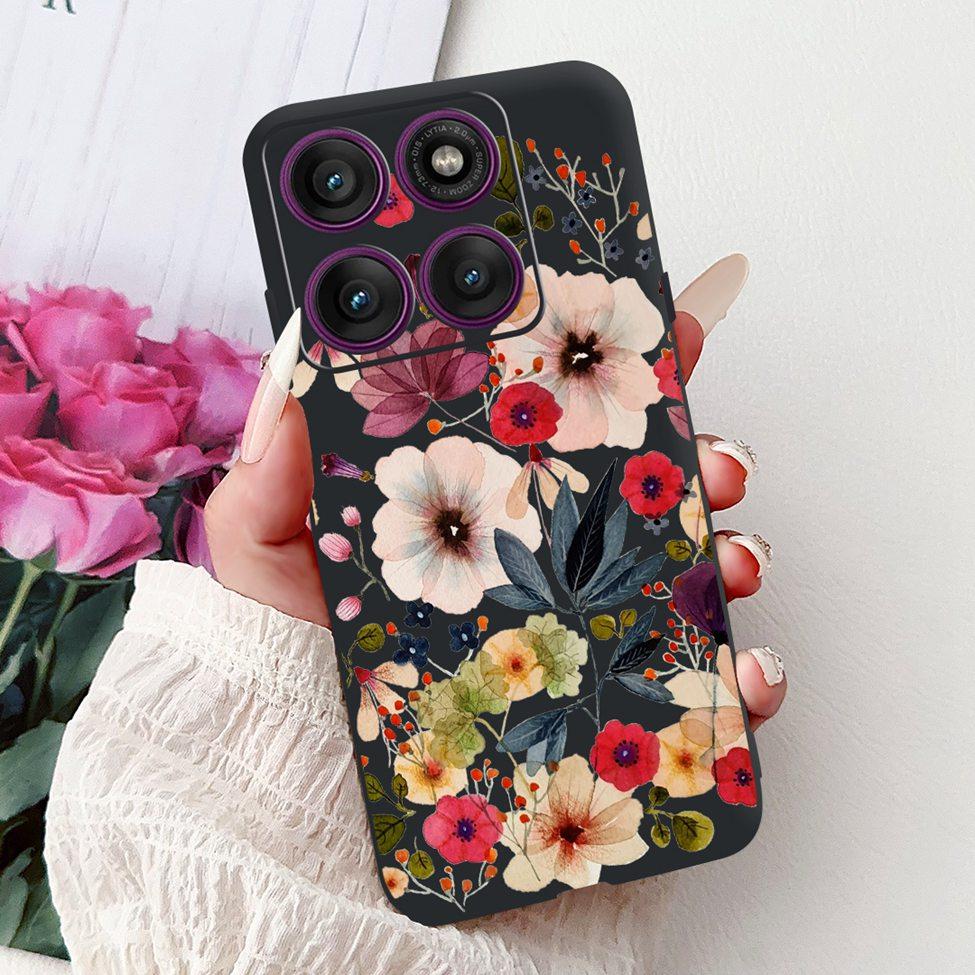 For Motorola Edge 60Pro XT2507-1 Back Cover For Motorola Edge 60 Pro Case Cute Cartoon Luxury Flower Painted Black Silicone 6.7"