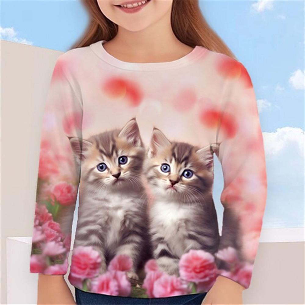 2025 Autumn Children 's Clothing For Girls Animal Cat T Shirt Long Sleeve 3d Print Spring Kids 3-12 Years Clothes Cute Tee Tops