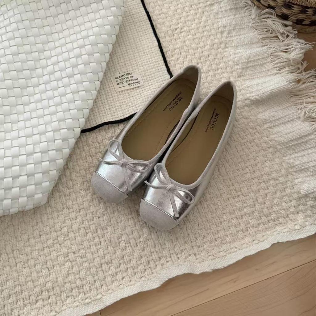 Casual ballet flat bottom small fresh versatile gray bow with soft bottom square head shallow mouth single shoes