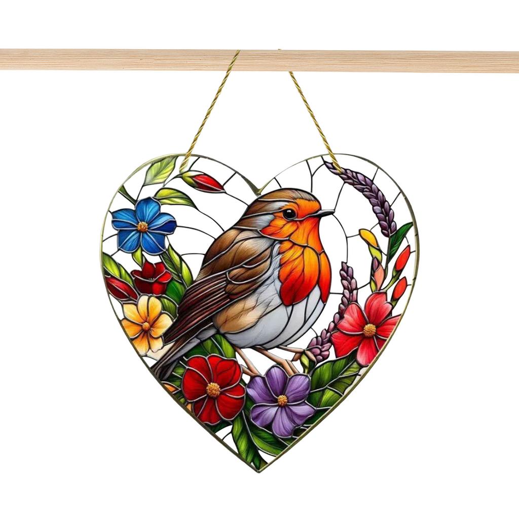 Heart-Shaped Robin Stained Glass Window Ornaments Non-Fading 2D Hanging Suncatchers for Garden Decoration&Housewarming Gifts