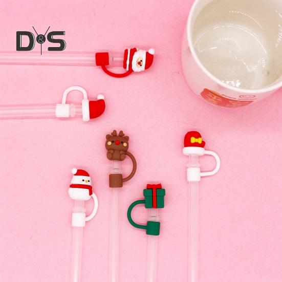 2Pcs Christmas Silicone Straw Cap 10mm Reusable Dust-Proof Straw Topper for Cup Party Decor Santa Claus Snowman Elk Christmas Tree Bells Straw Tips