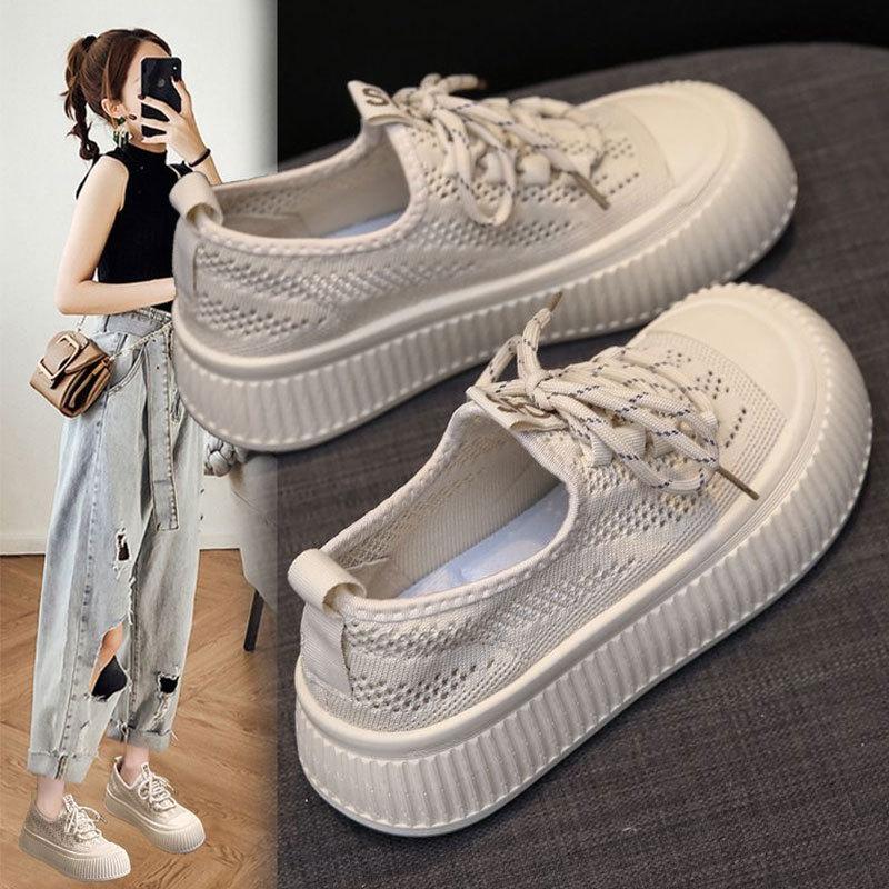 Women's shoes 2025 spring and summer breathable new mesh mesh shoes thick-soled one-pedal fly-woven shoes thin biscuits canvas shoes