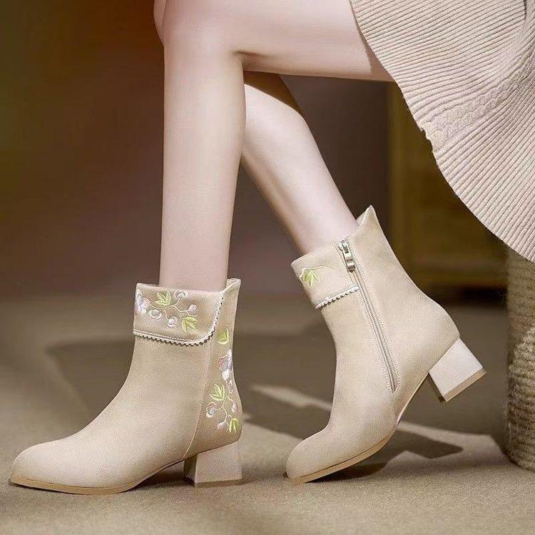 Autumn and winter versatile small fragrant style apricot velvet thickened thick heel retro style medium tube short boots ethnic style embroidered cott