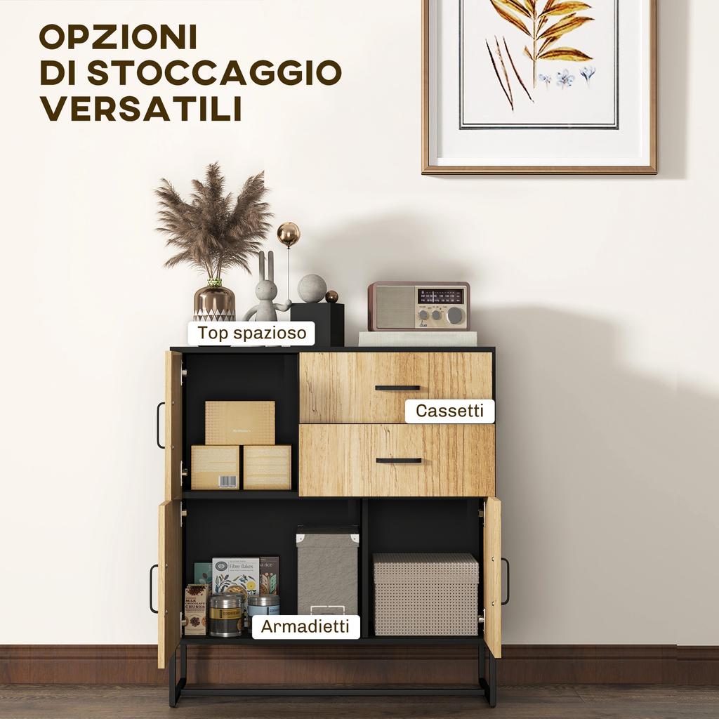 Modern Storage Sideboard with 3 Cabinets and 2 Drawers, Multipurpose Cabinet in Particle Board and Steel, 80x35x85 cm, Black and Wood