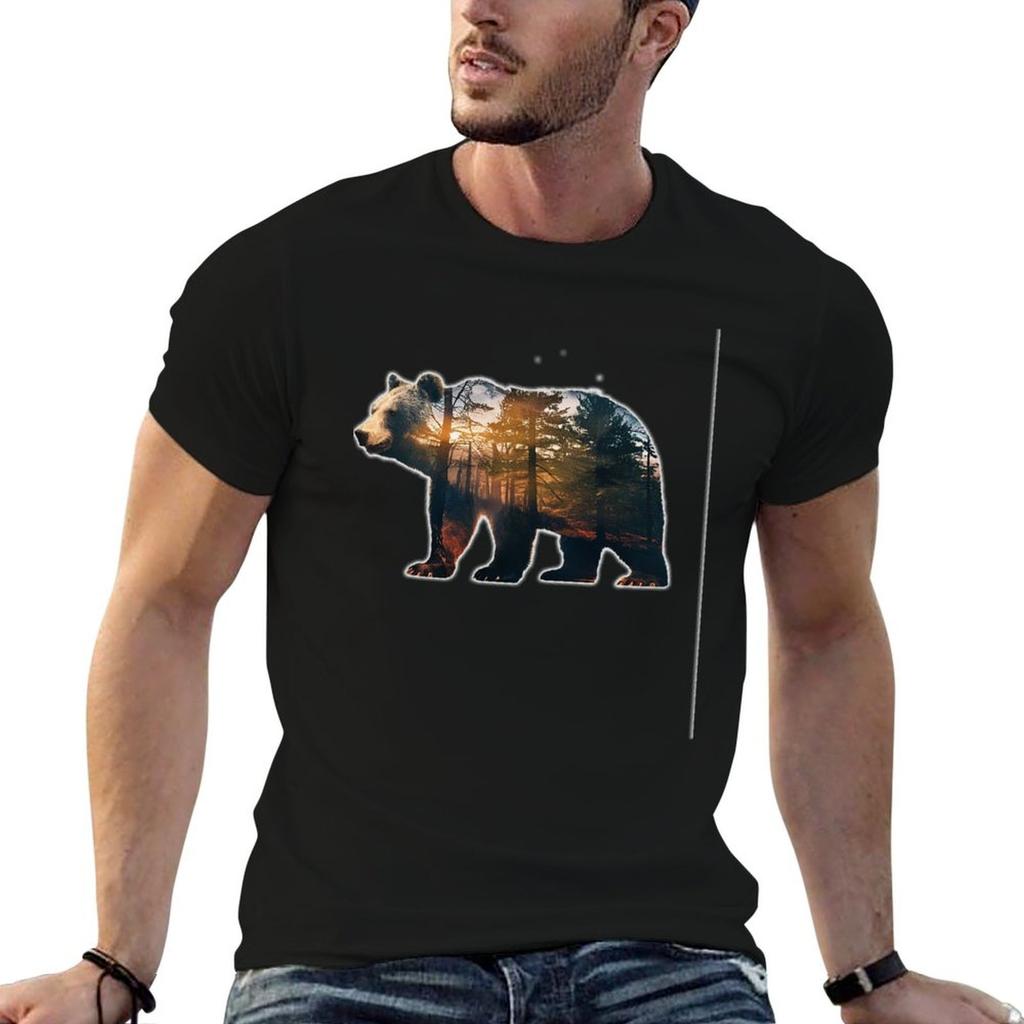 Bear Silhouette Trees Forest Tshirt Large Size Soft Cotton Tshirt