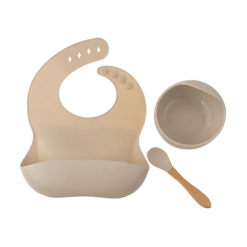 Silicone Bib & Tableware Set: Snail Bowl, Wooden Handle Spoon & Fork - Child Safe 3-Piece Feeding Kit