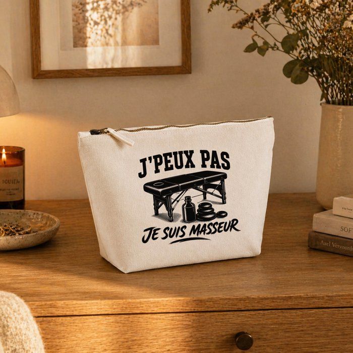 Trousse de toilette - PLANETEE - J’peux pas je suis Masseur - Beige - 100% coton - 3 L
