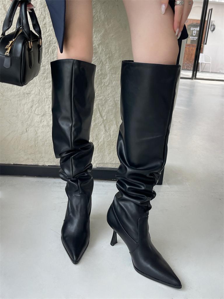 Spice Girl Wide Boots 2025 New Big Tube Women's Boots Pointed Tips Thin Heels Skinny Pile Boots Large Size Over-the-Knee Boots