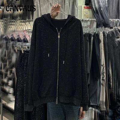 Übergröße Frühling und Herbst Drill Kapuzenjacke Damen Loose Age Reduzierende Reißverschlussjacke