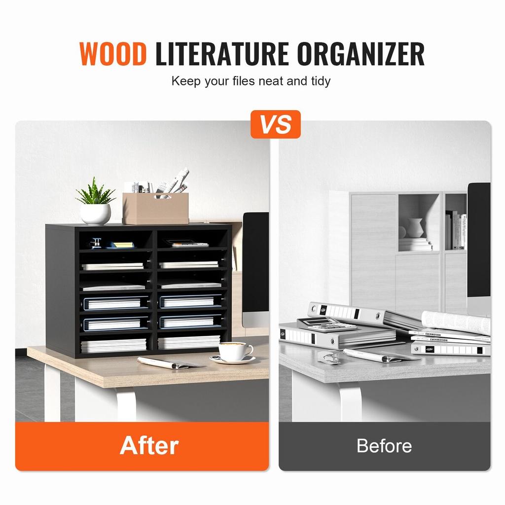 Wood Literature Organizer, 12 Compartments, File Sorter with Removable Shelves, Mailboxes Slot for Office Home Classroom Mailrooms Organization, EPA