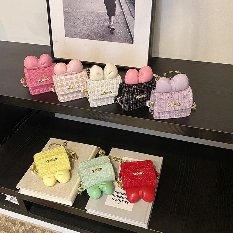 Sweet Adorable Bow Childrens Handbag Stylish Plaid Design Soft Pu Material For Everyday Use