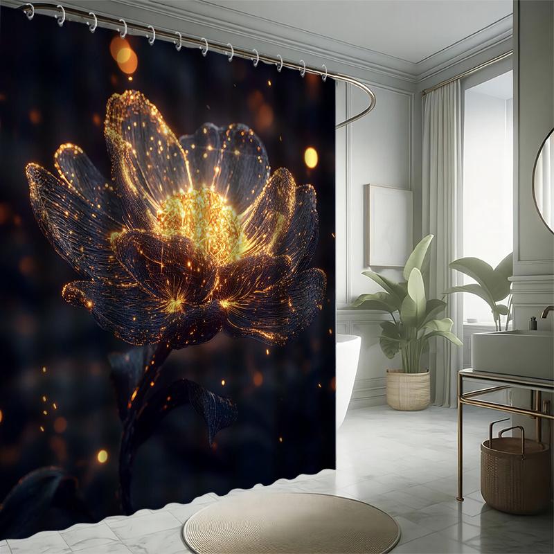 Flowing Flower Shower Curtain Set - Sparkling Light Emitting Stamens, Includes 12 Hooks, Polyester Fabric, Modern Bathroom Decor