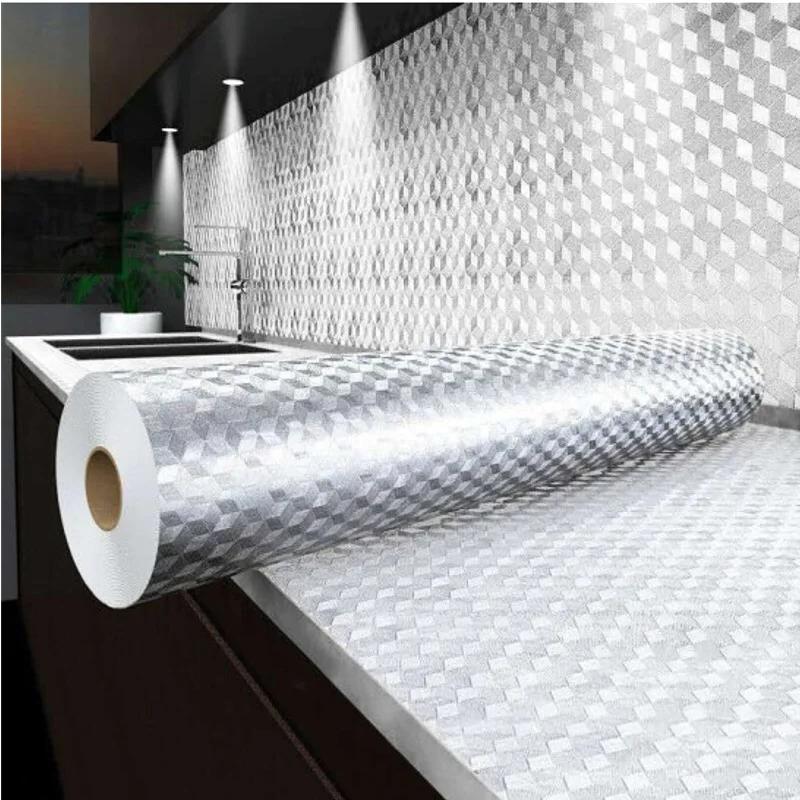 Self-Adhesive Kitchen Oil Proof Sticker Heat Resistant Wallpaper Waterproof Aluminum Foil for Countertop Drawer Cabinet Rack