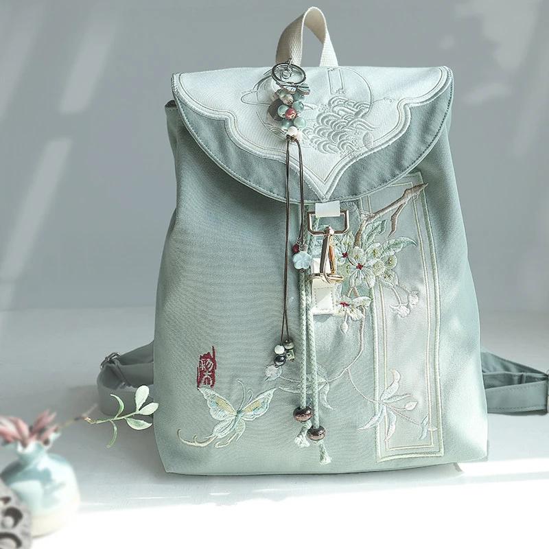 15 Inch Retro Chinese Style Canvas Backpack Handmade Embroidery Hanfu Artistic Zipper Drawstring Laptop Backpack for Women