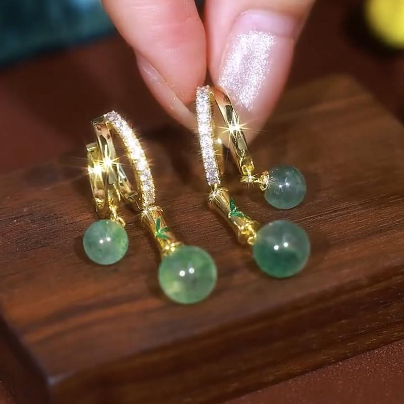 Zircon Golden Bamboo Jade Bead Pendant Earrings For Women Fashionable Personalized Daily Accessory Party  Birthday Gifts