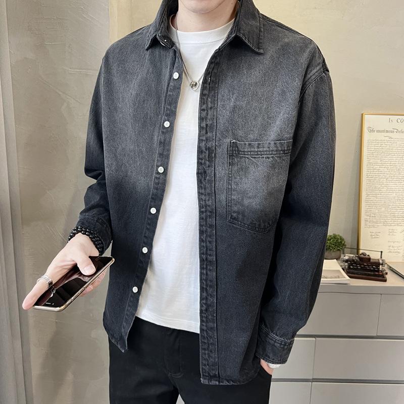 Men's Washed Denim Long Sleeve Shirt Casual Pocket Detail Streetwear Top