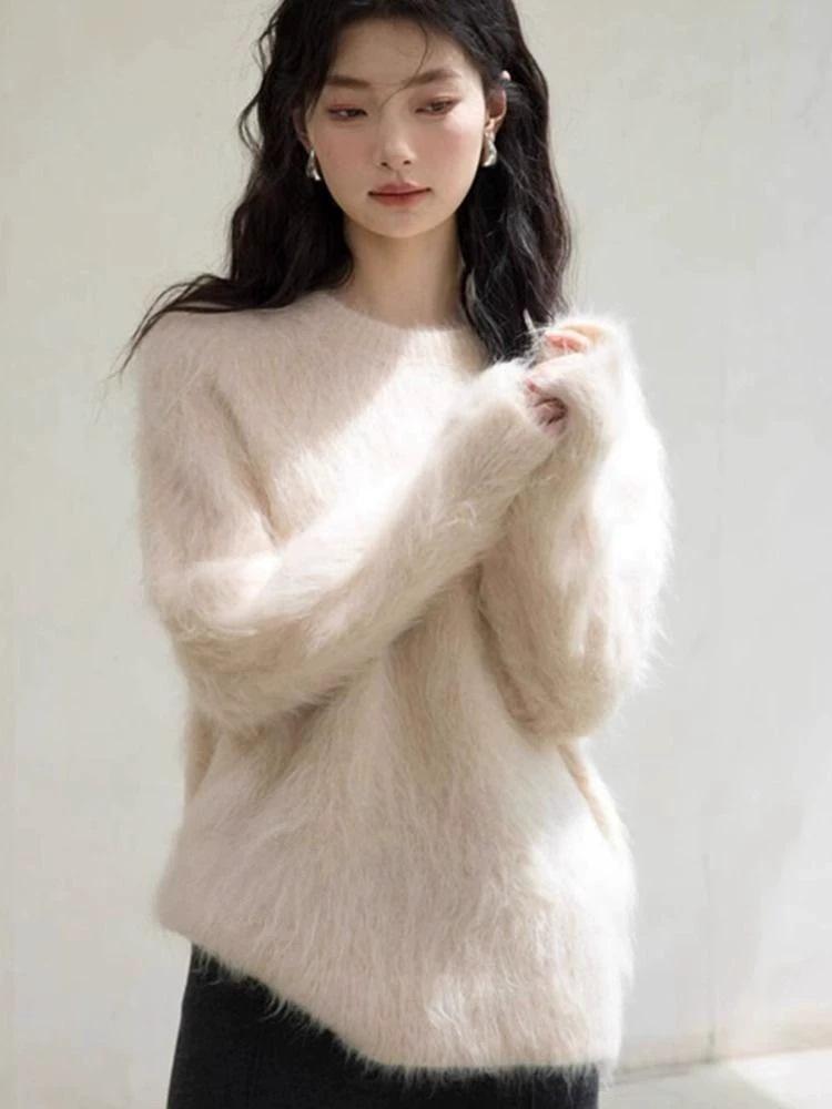 Soft Mink Cashmere Pullover Sweater - Women's Autumn/Winter Cozy Style Milk Knitted Cardigan Thickened Top