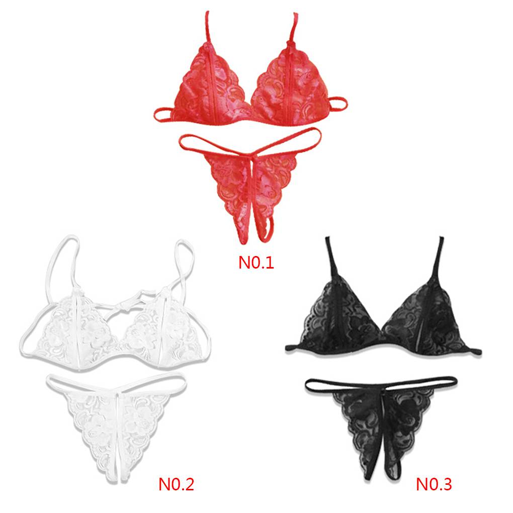Women Lace Lingerie Sleepwear Bodydoll Hollow Out String Pants Briefs Pajamas Open Underwear
