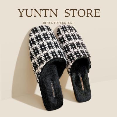 Elegant French Coco Style Tweed Slippers - Women's Cozy Fleece-Lined Indoor Footwear for Autumn/Winter