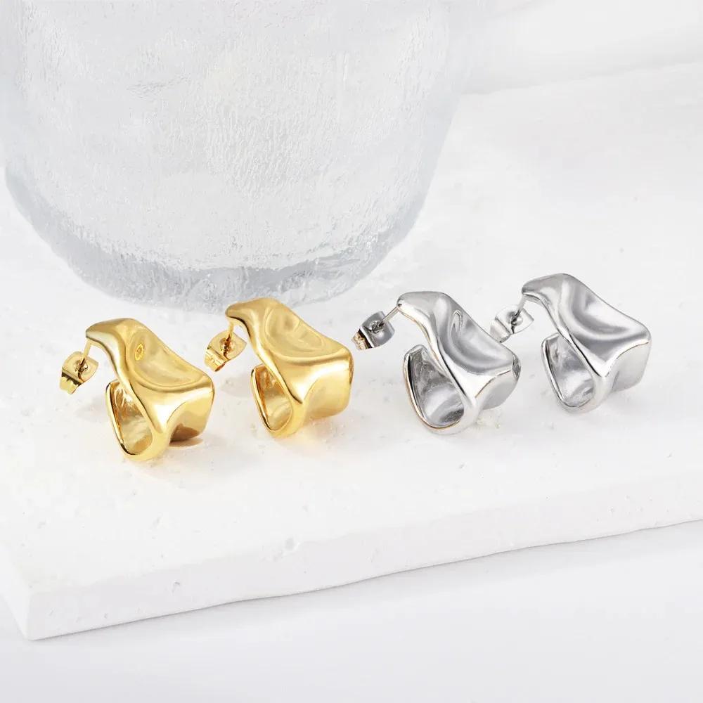 Stainless Steel Gold Color Irregular Wave Shape Hoop Earrings for Women Jewelry Silver Geometric Textured Folded Over Studs