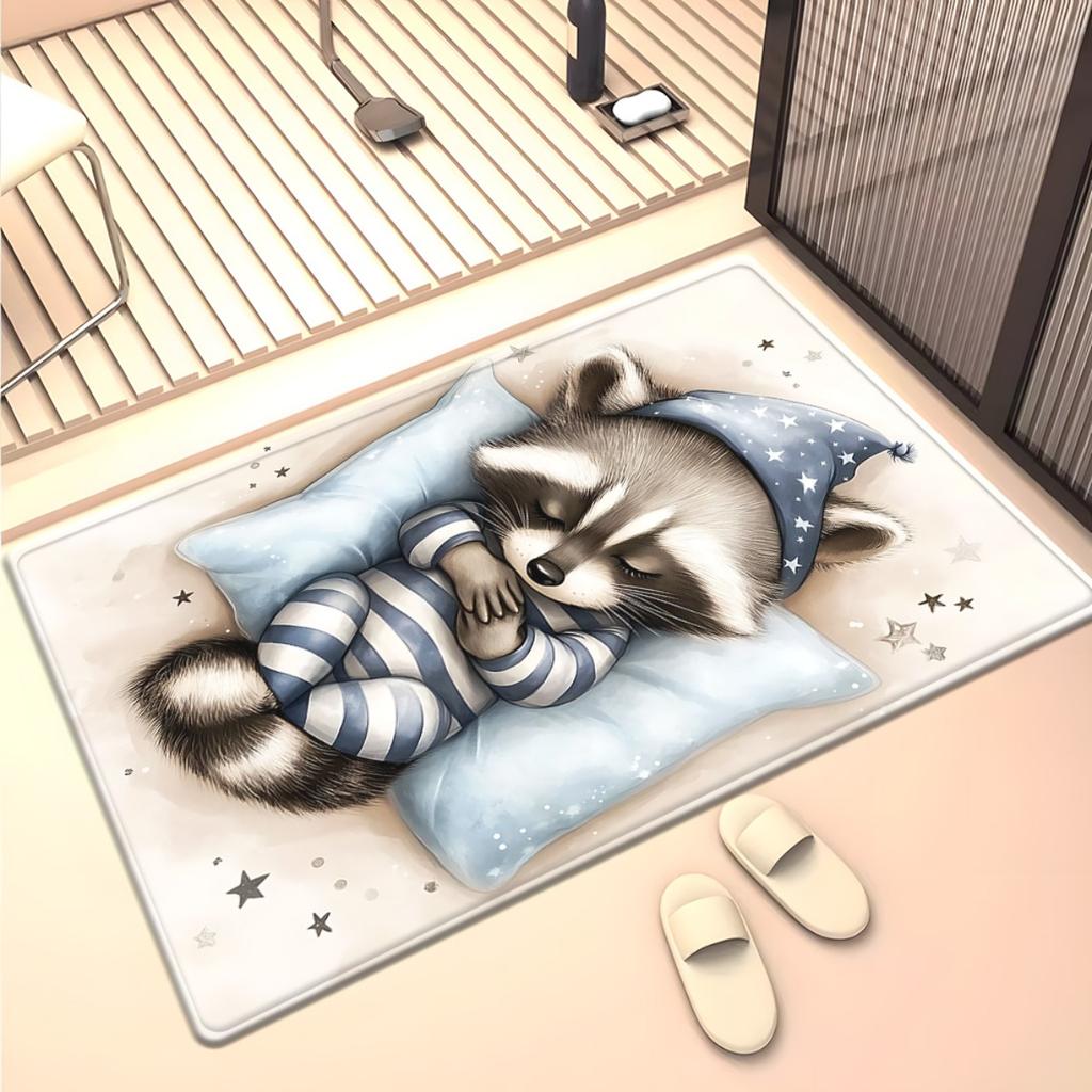 Sleeping Raccoon Inpajamas Rug Cute Animal Cartoon Carpet for Kidsroom Nursery Baby Play Mat Soft Plush Floor Covering Cozydecor