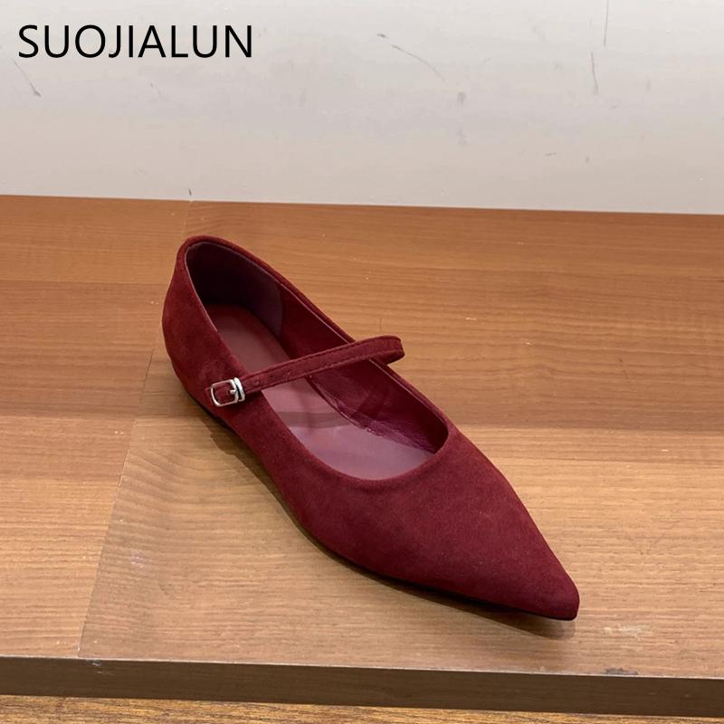 Fashion SUOJIALUN Women Flat Shoes Fashion Red Pointed Toe Ladies Elegant Mary Jane Shoes Low Wedge Heel Outdoor Dress Ballerinas Shoes