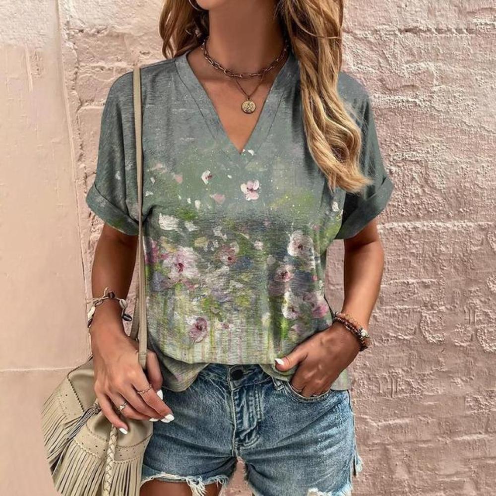 Vintage Floral Women's T-shirt Harajuku Tops V-neck Fashion Blouse Summer Casual Clothes Oversized Cheap Tees Female Daily Shirt