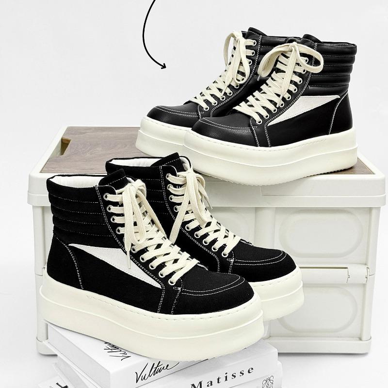 Fashion Couple Casual Short Boots Leather Canvas Version Black White High-top Womens Men Shoes Fad Thick-soled Heightening Ankle Booties