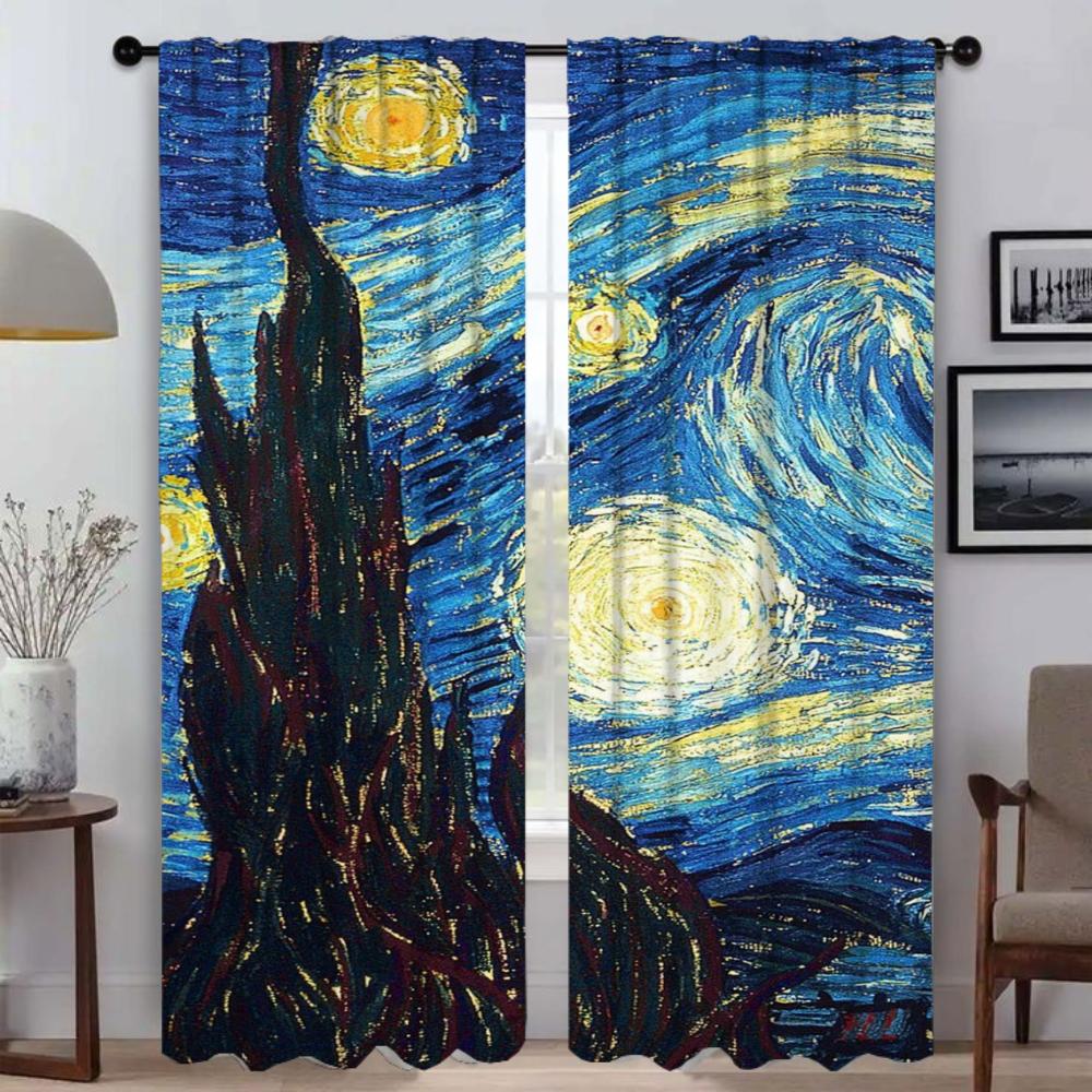 Verduisterend Gordijn voor Kamer 2 Panel Van Gogh Tule voor Slaapkamer Keukengordijnen Halloween Decoratie Home Interieur Gordijnen Shades W74xH114cmx2pcs-CL