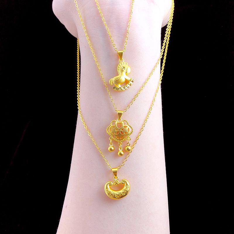 Vietnam Sand Gold-Plated Rocking Horse Necklace with Small Brass Lock Pendant