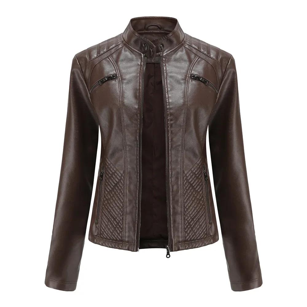 Women's Leather Coat Fashion Trend Simple Autumn Winter Stand Collar Zipper PU Leather Motorcycle Jacket for Women