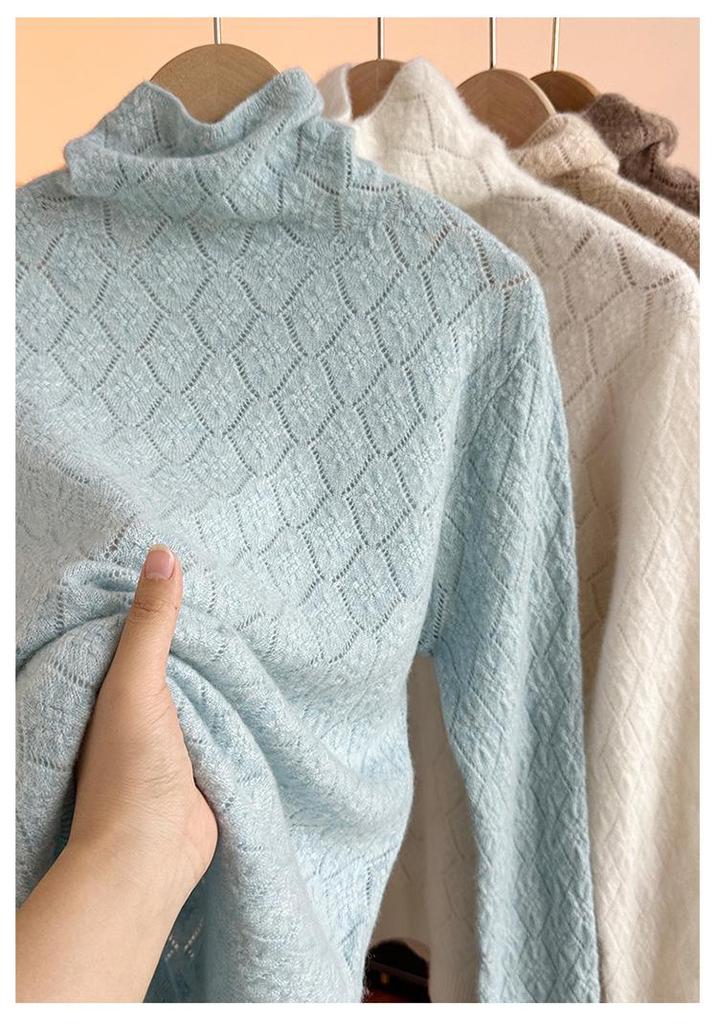 Women's Pure Cashmere High Neck Crochet Knit Sweater