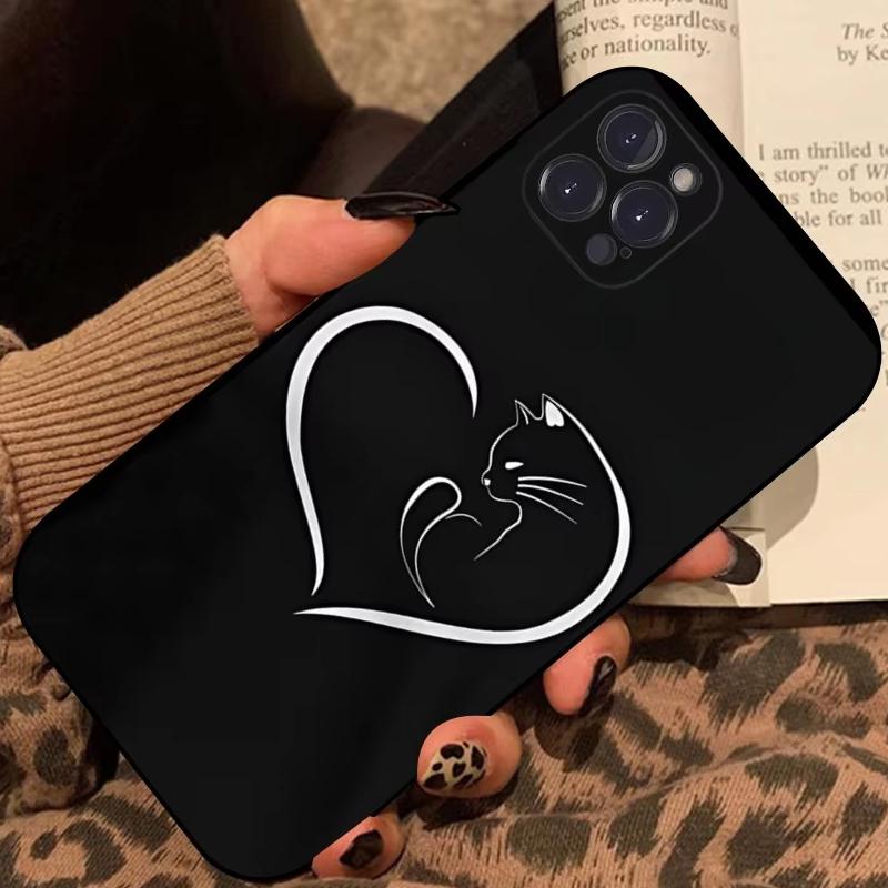 Cartoon Black Cat Line Phone Case For iPhone 15 11 12 14 13 Pro Max Mini XSM XR SE 7 8 Plus Cute Kitten Mobile Phone Cover Funda