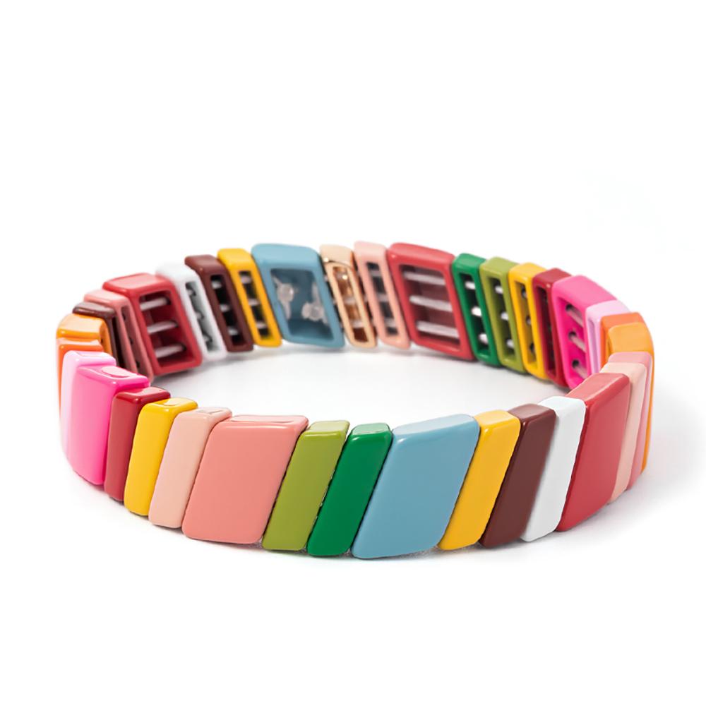 New Fashion Deil Eye Enamel Bangle for Women Colorful Beaded Boho Rectangle Shape Hand Accessory