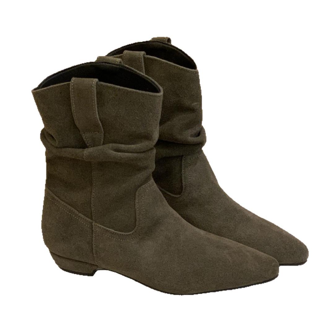 French suede pleated heel medium boots women's 2025 autumn and winter wear retro western medium tube Martin boots